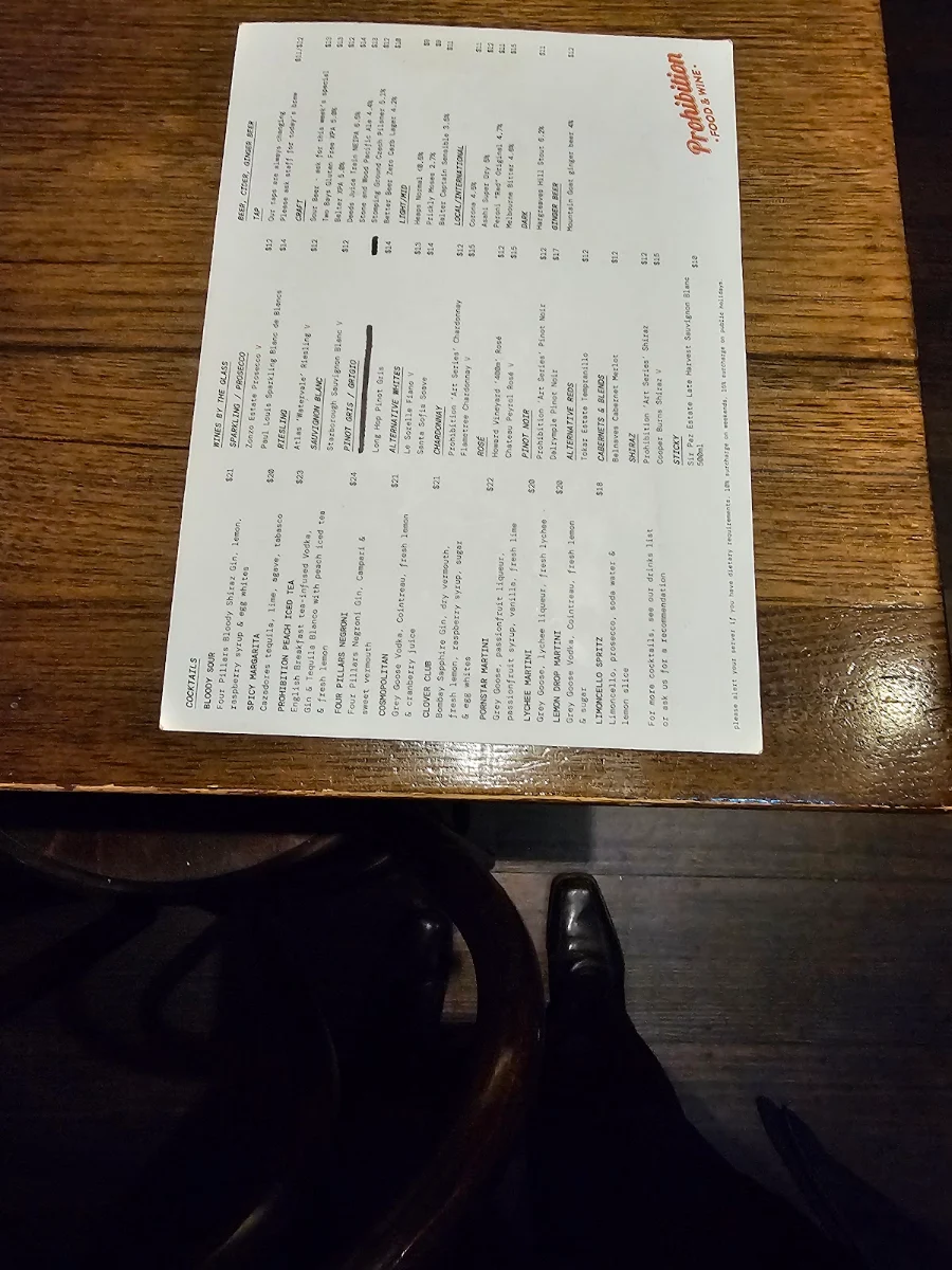 Menu, Prohibition Food and Wine