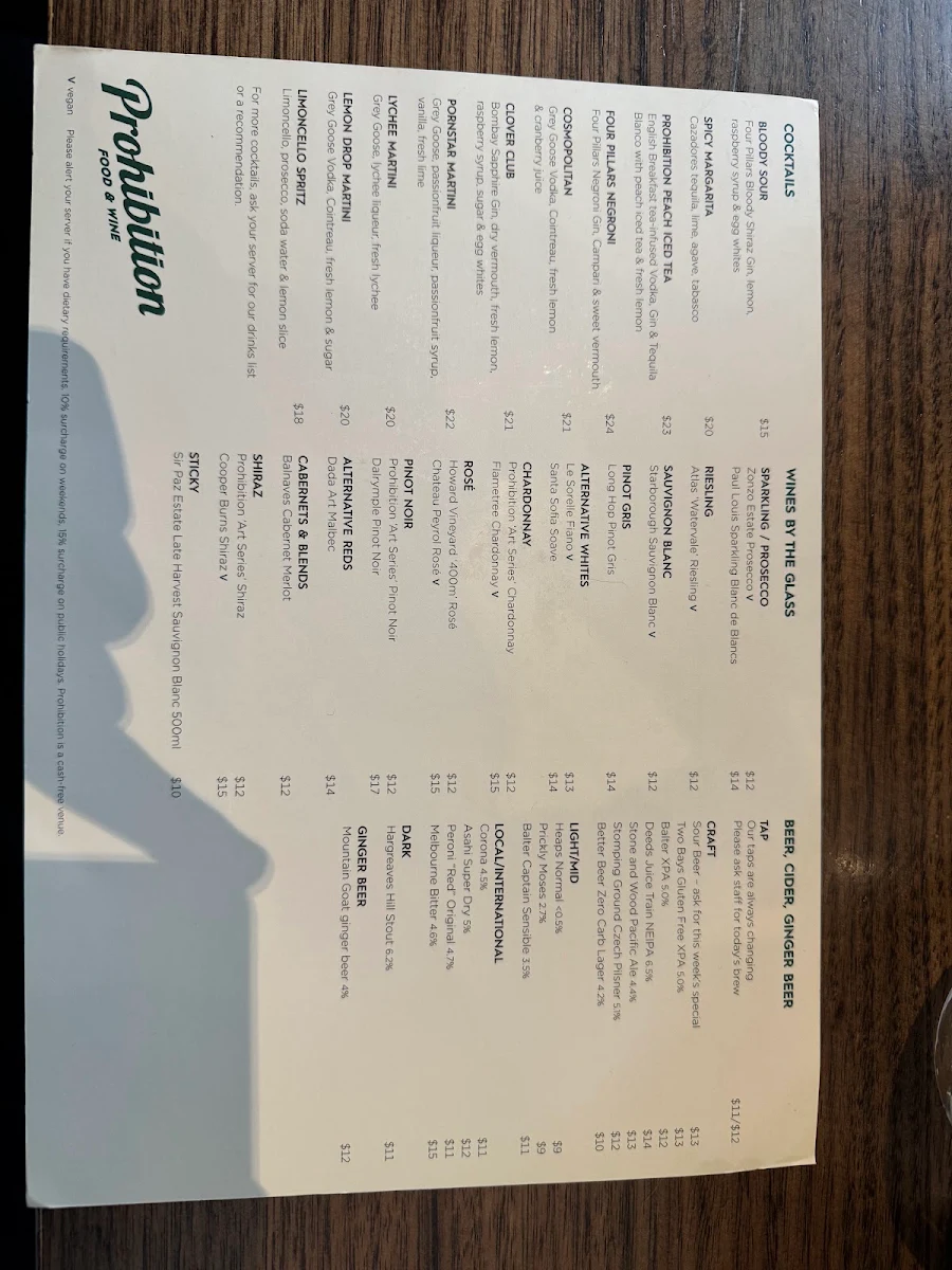 Menu, Prohibition Food and Wine