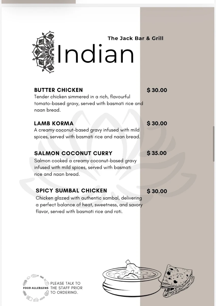 Menu, The Jack Bar & Bistro