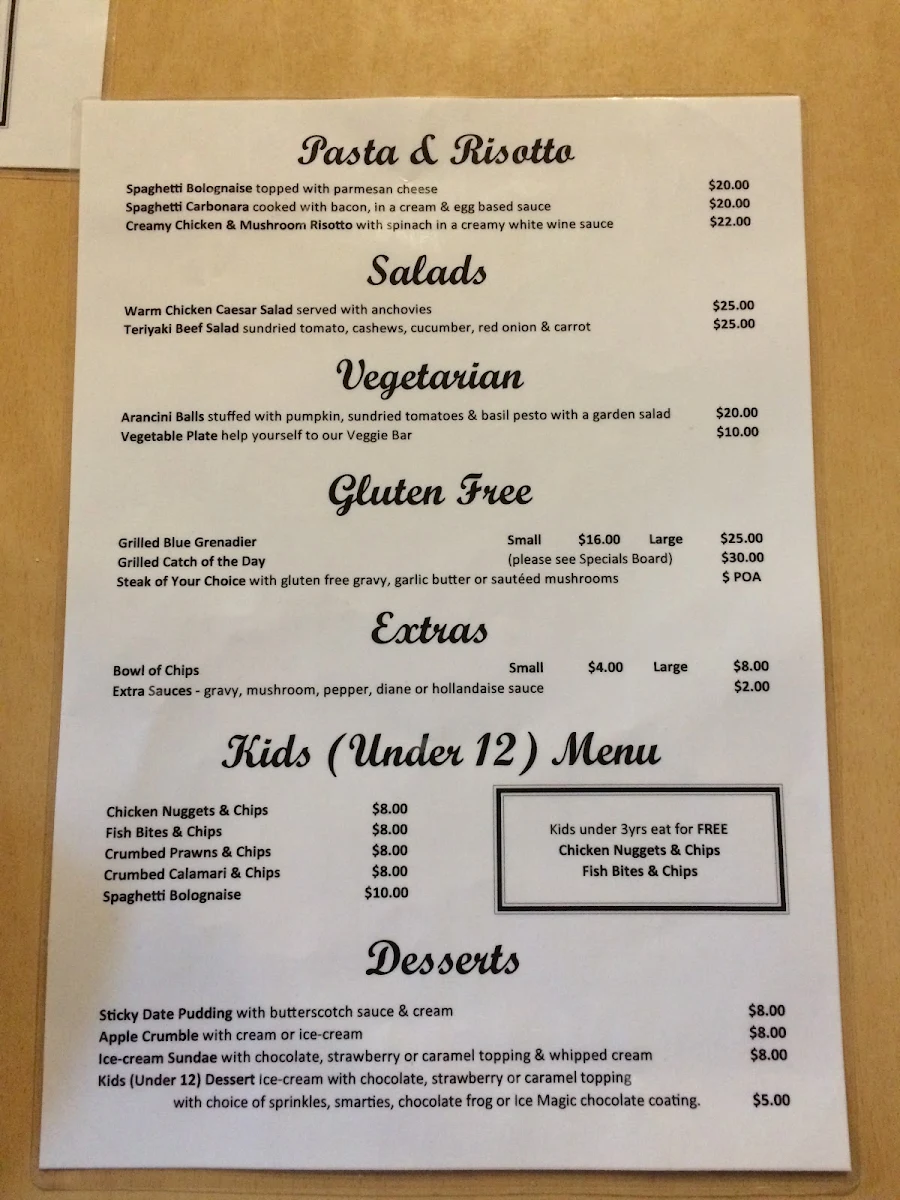Menu, Victoria Hotel Warrnambool