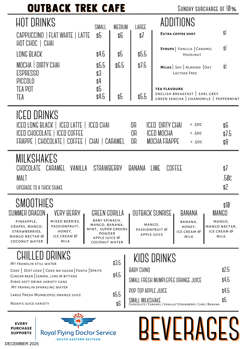 Menu, Outback Trek Cafe
