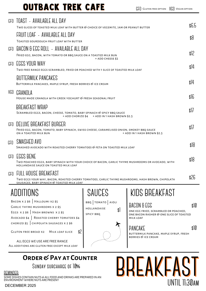 Menu, Outback Trek Cafe