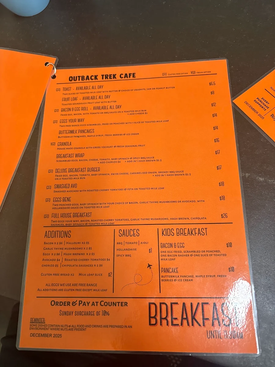 Menu, Outback Trek Cafe