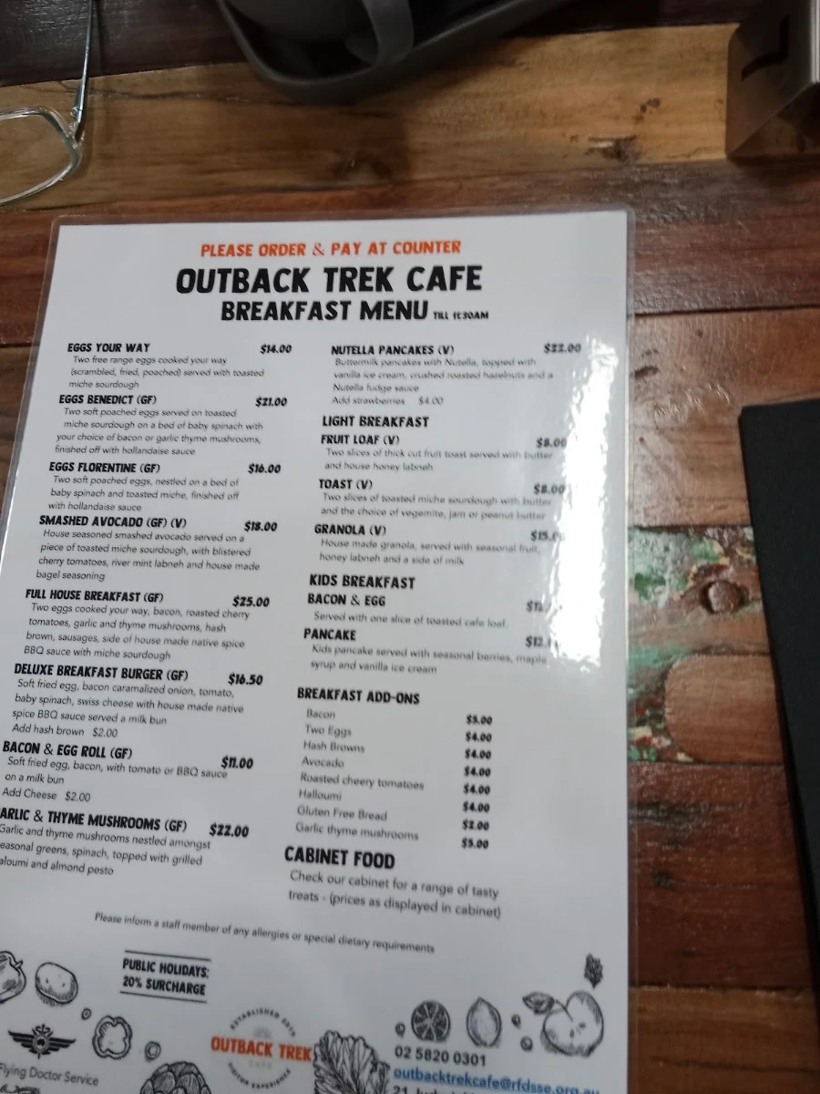Menu, Outback Trek Cafe