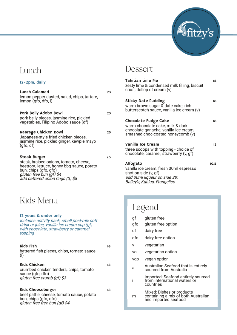 Menu, Fitzy's Toowoomba
