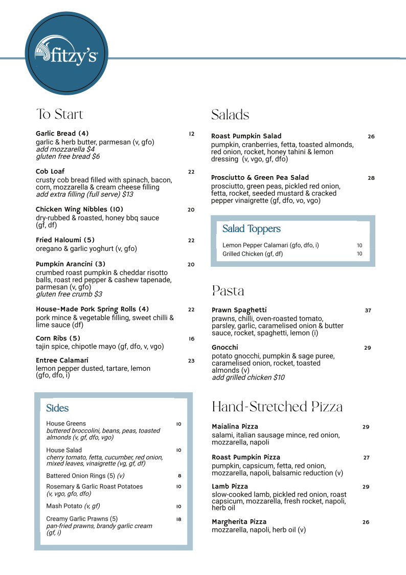 Menu, Fitzy's Toowoomba