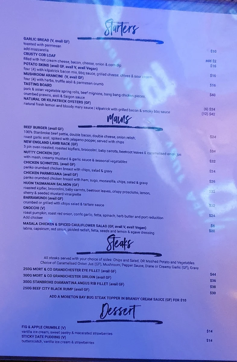 Menu, Fitzy's Toowoomba