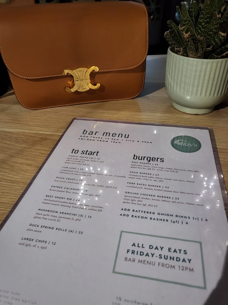 Menu, Fitzy's Toowoomba