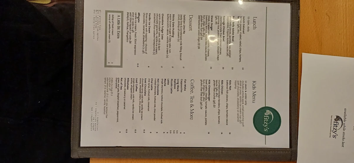 Menu, Fitzy's Toowoomba