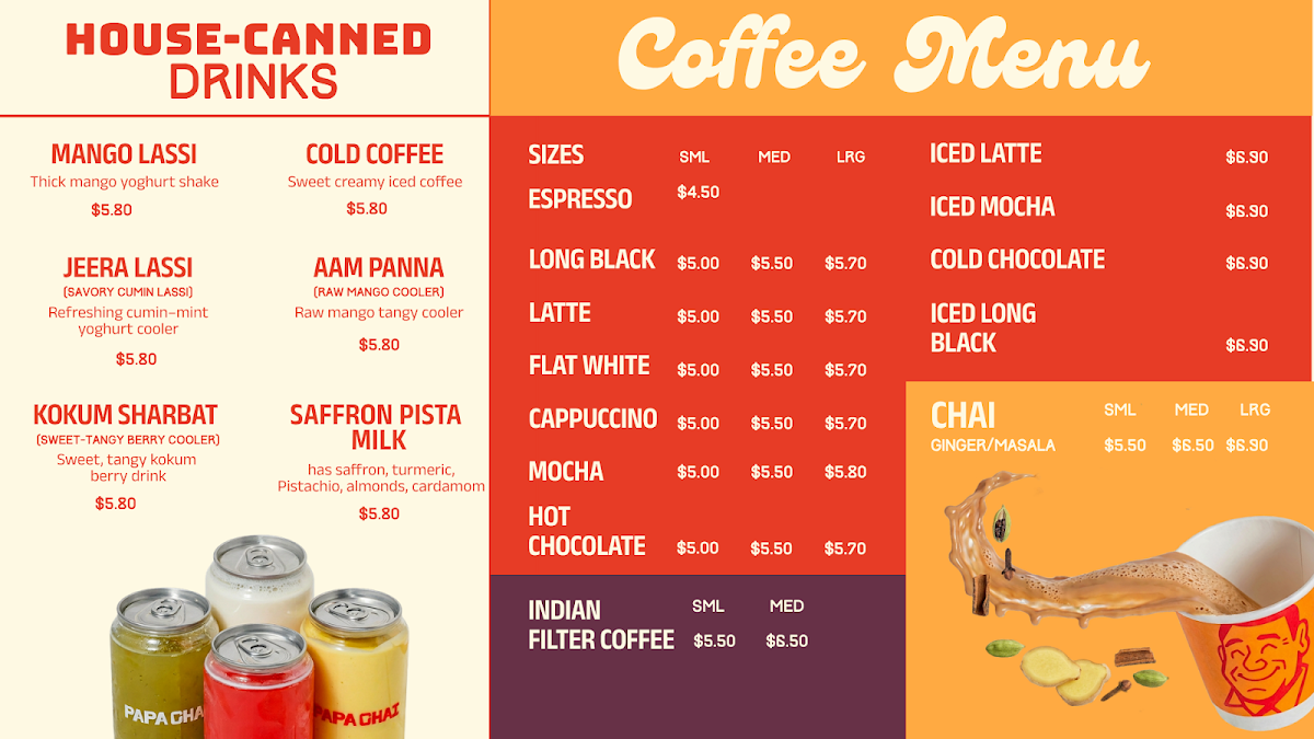 Menu, Papa Chai | Modern Indian Cafe | Curry Bowls & Jaffles
