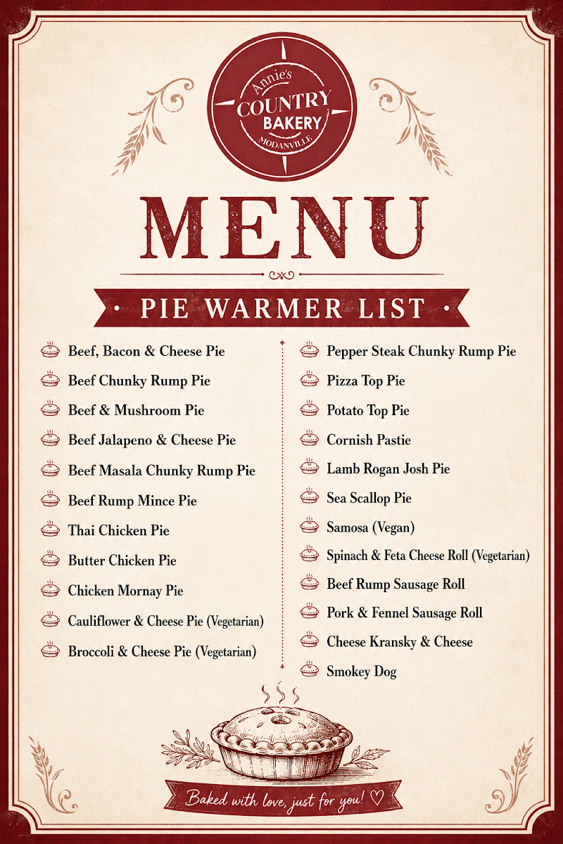 Menu, Annie's Country Bakery