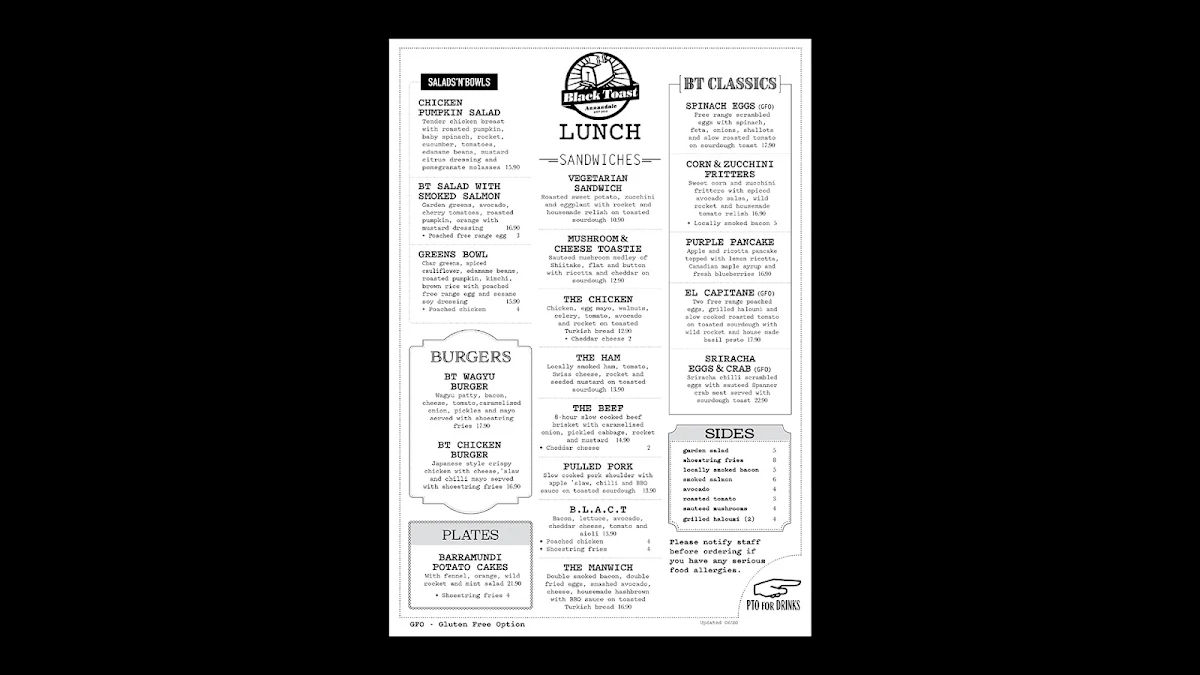 Menu, Black Toast Cafe