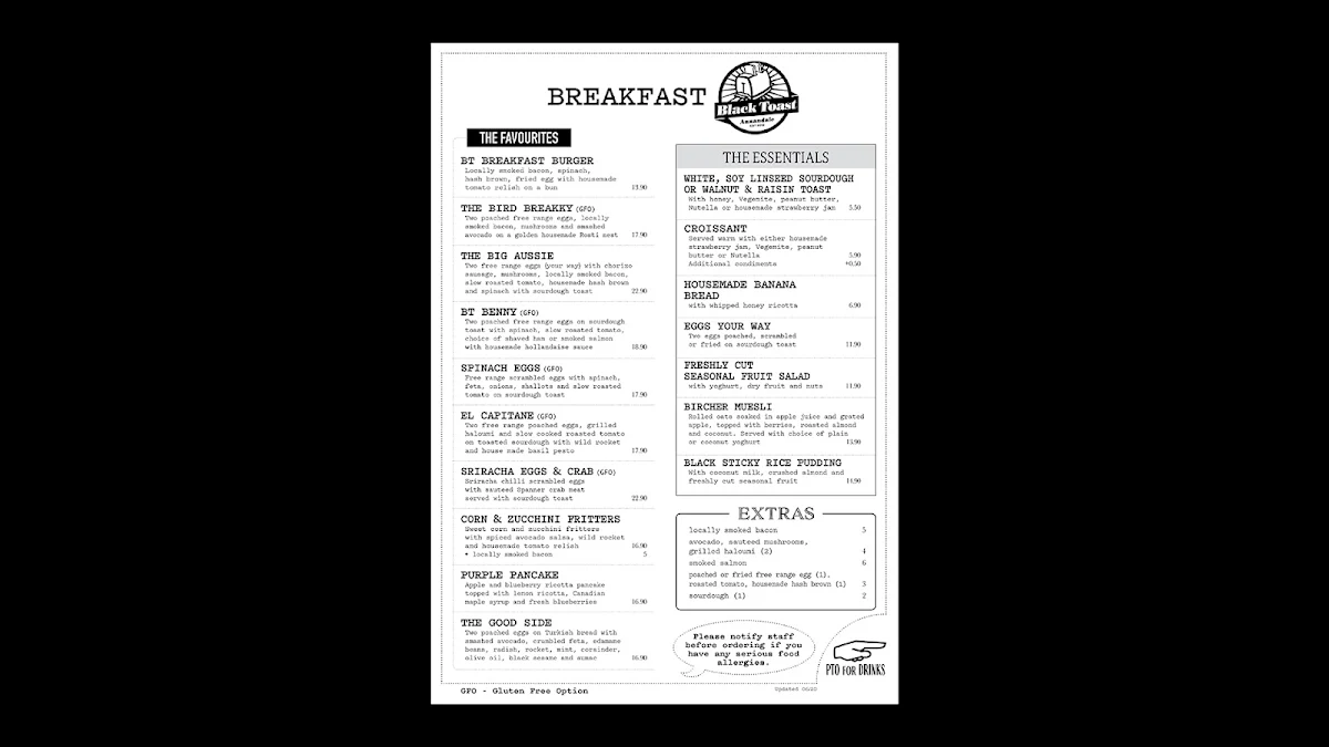 Menu, Black Toast Cafe
