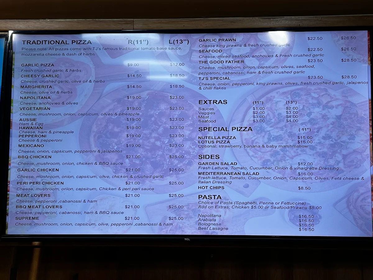 Menu, TJ’s Pizza