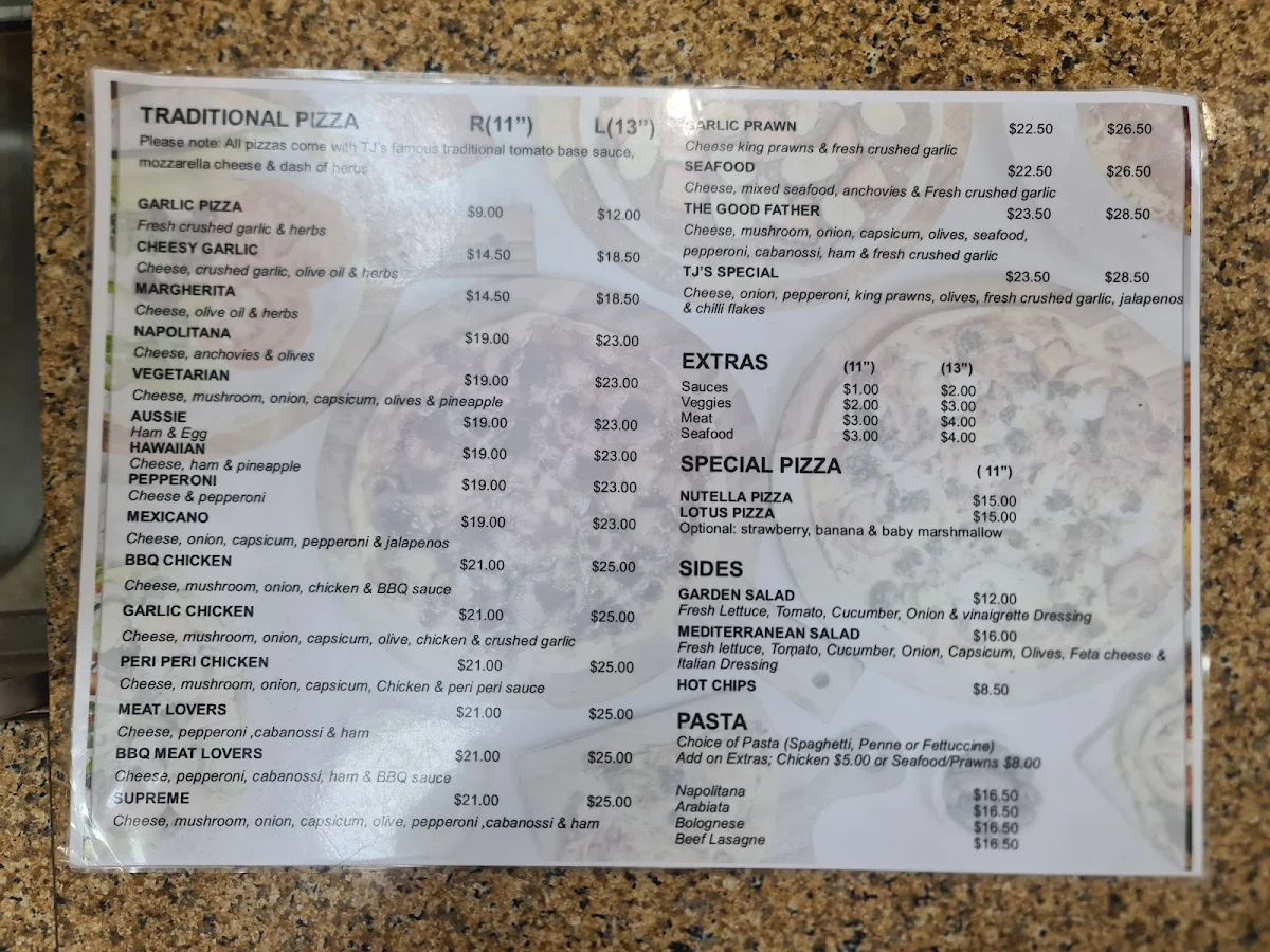Menu, TJ’s Pizza