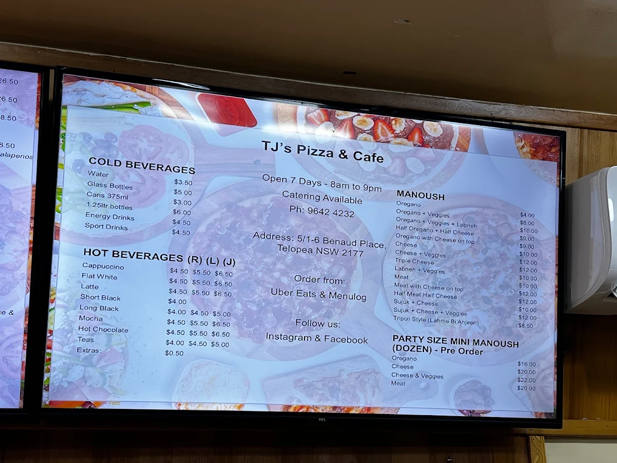 Menu, TJ’s Pizza