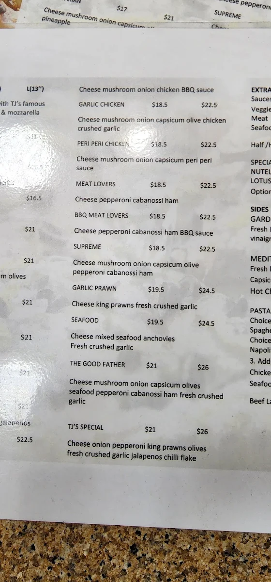 Menu, TJ’s Pizza