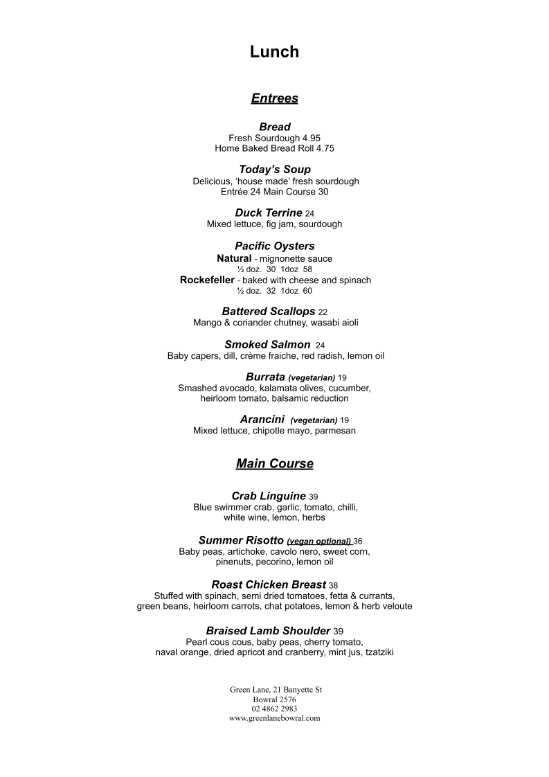 Menu, Harry’s on Green Lane Bowral