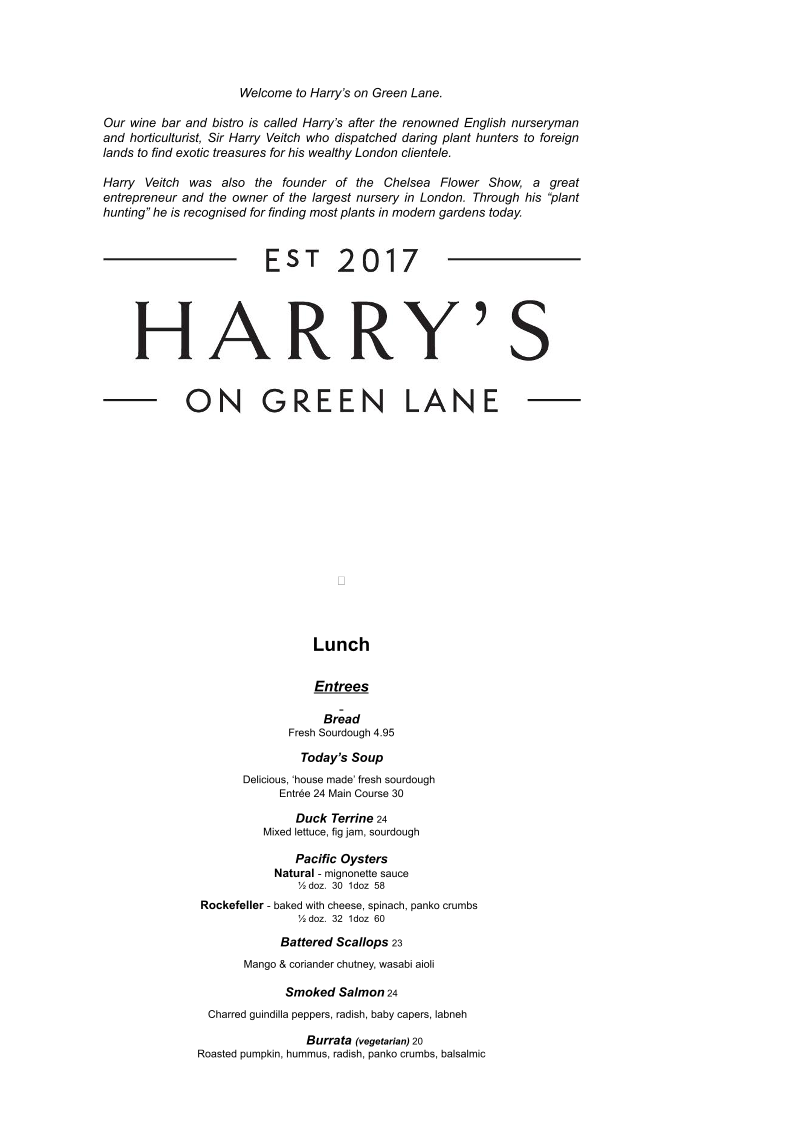 Menu, Harry’s on Green Lane Bowral