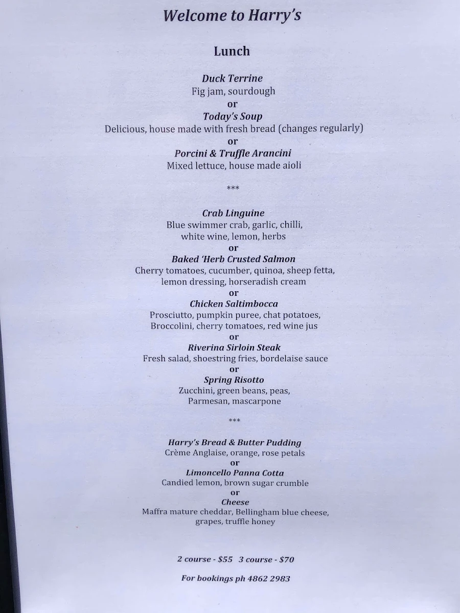 Menu, Harry’s on Green Lane Bowral