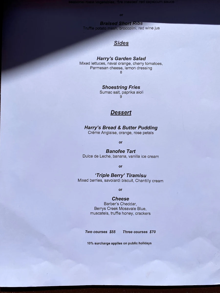 Menu, Harry’s on Green Lane Bowral