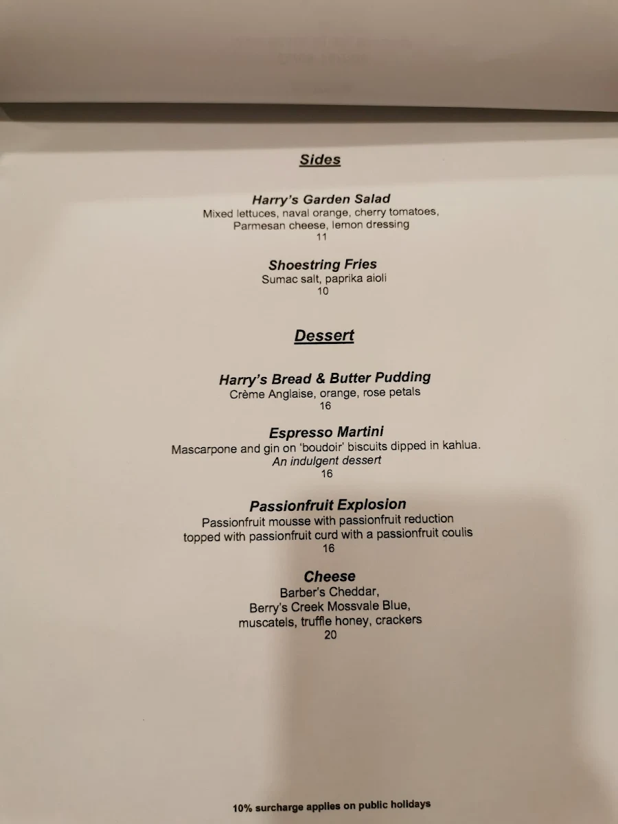 Menu, Harry’s on Green Lane Bowral