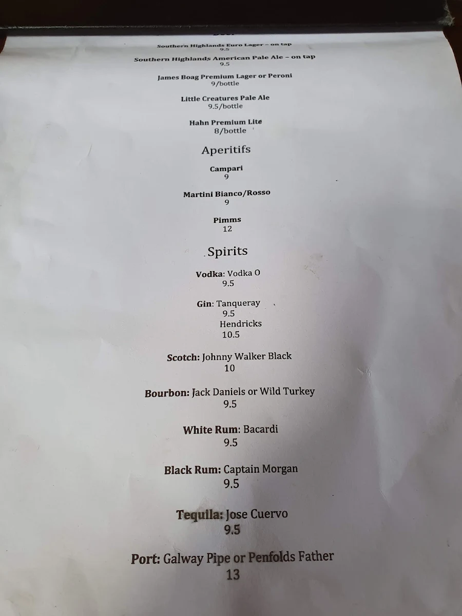 Menu, Harry’s on Green Lane Bowral