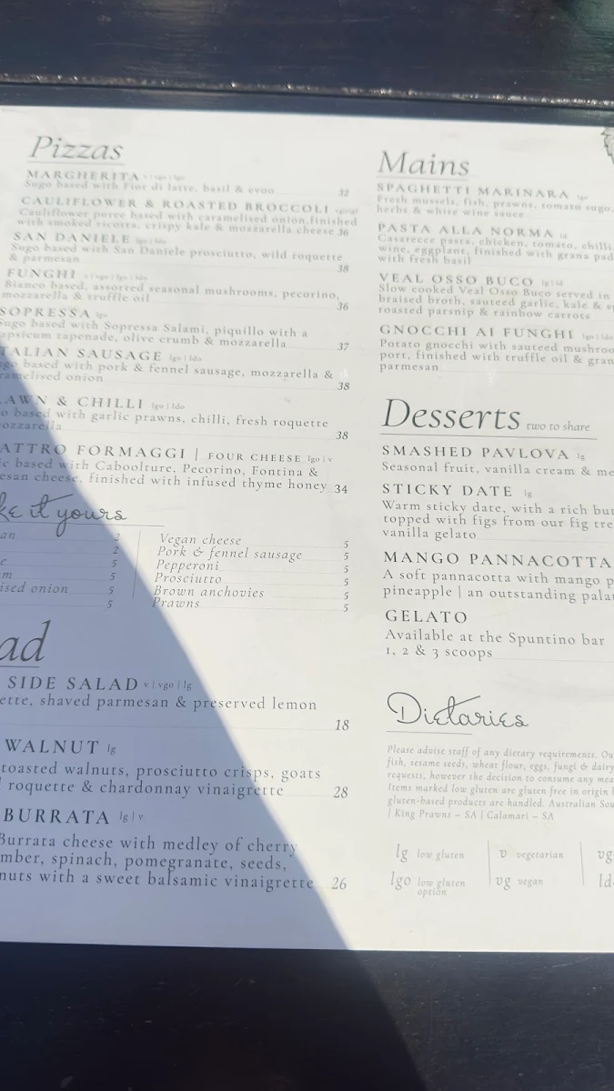 Menu, T'Gallant Pizzeria