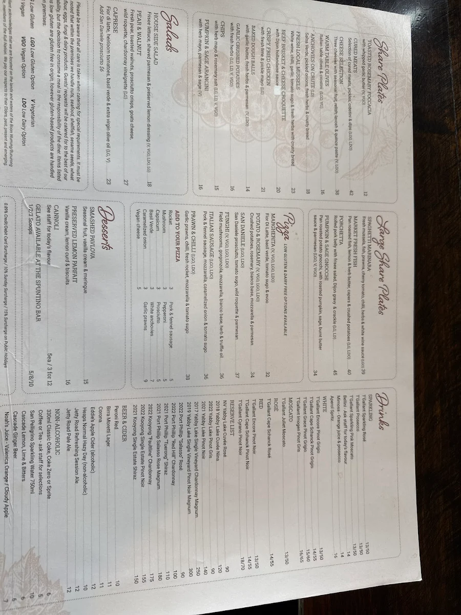 Menu, T'Gallant Pizzeria