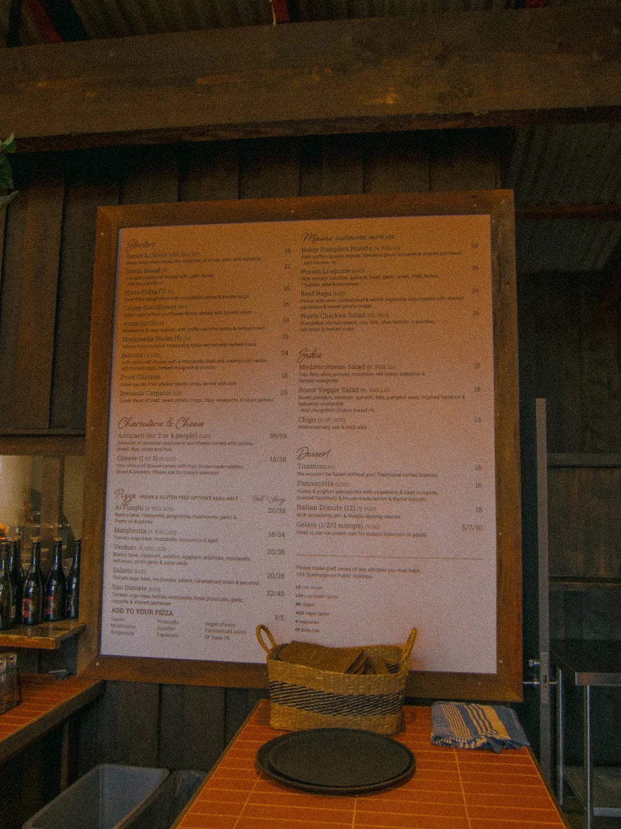 Menu, T'Gallant Pizzeria