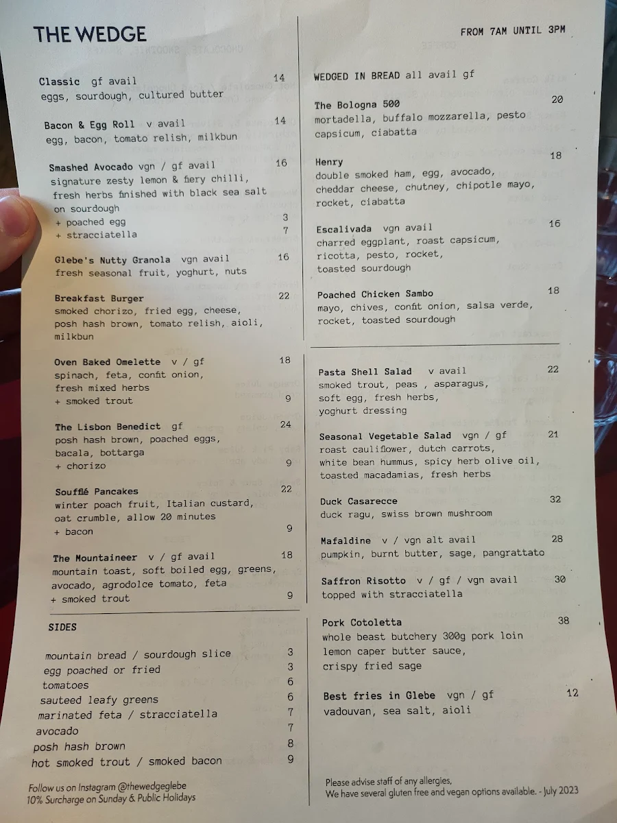 Menu, The Wedge Glebe