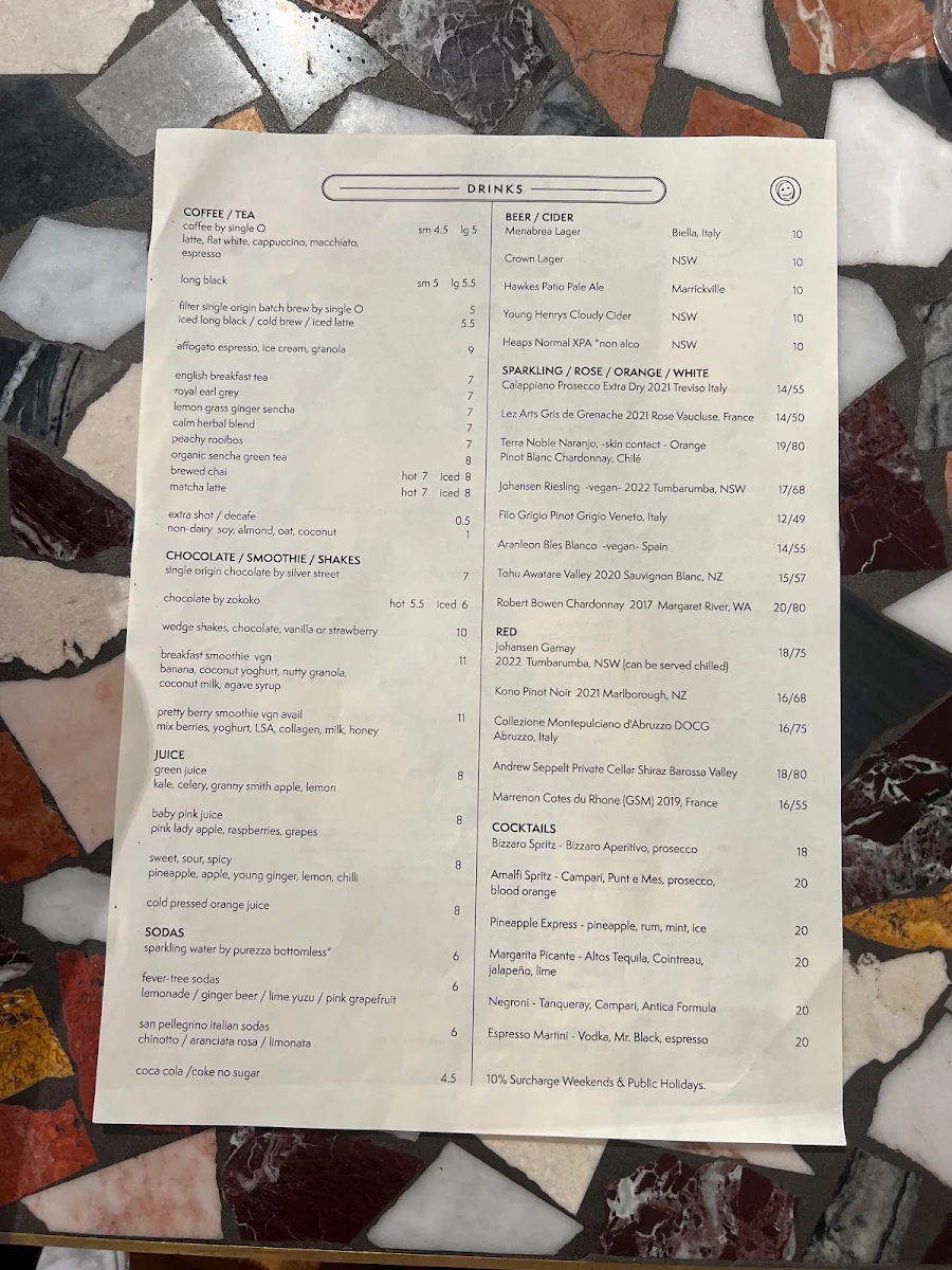Menu, The Wedge Glebe
