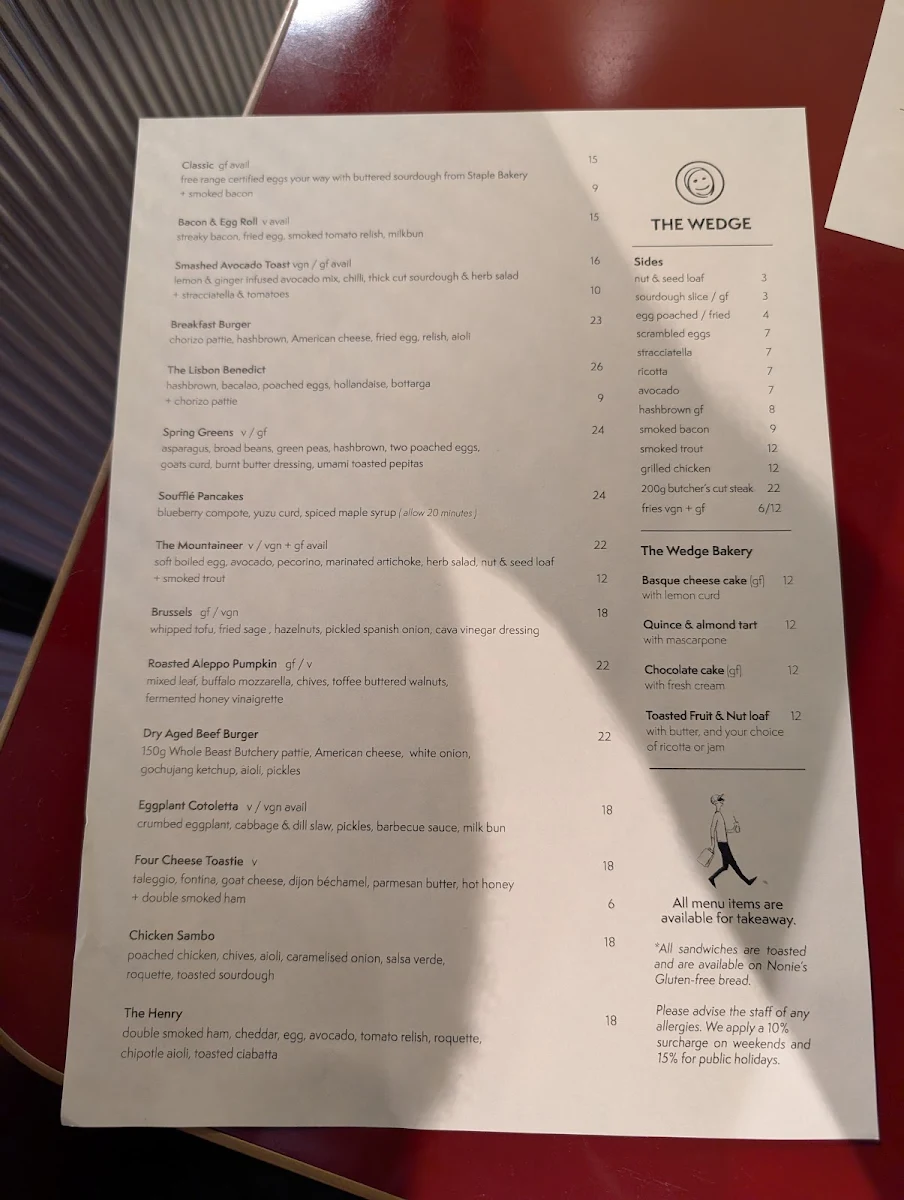 Menu, The Wedge Glebe