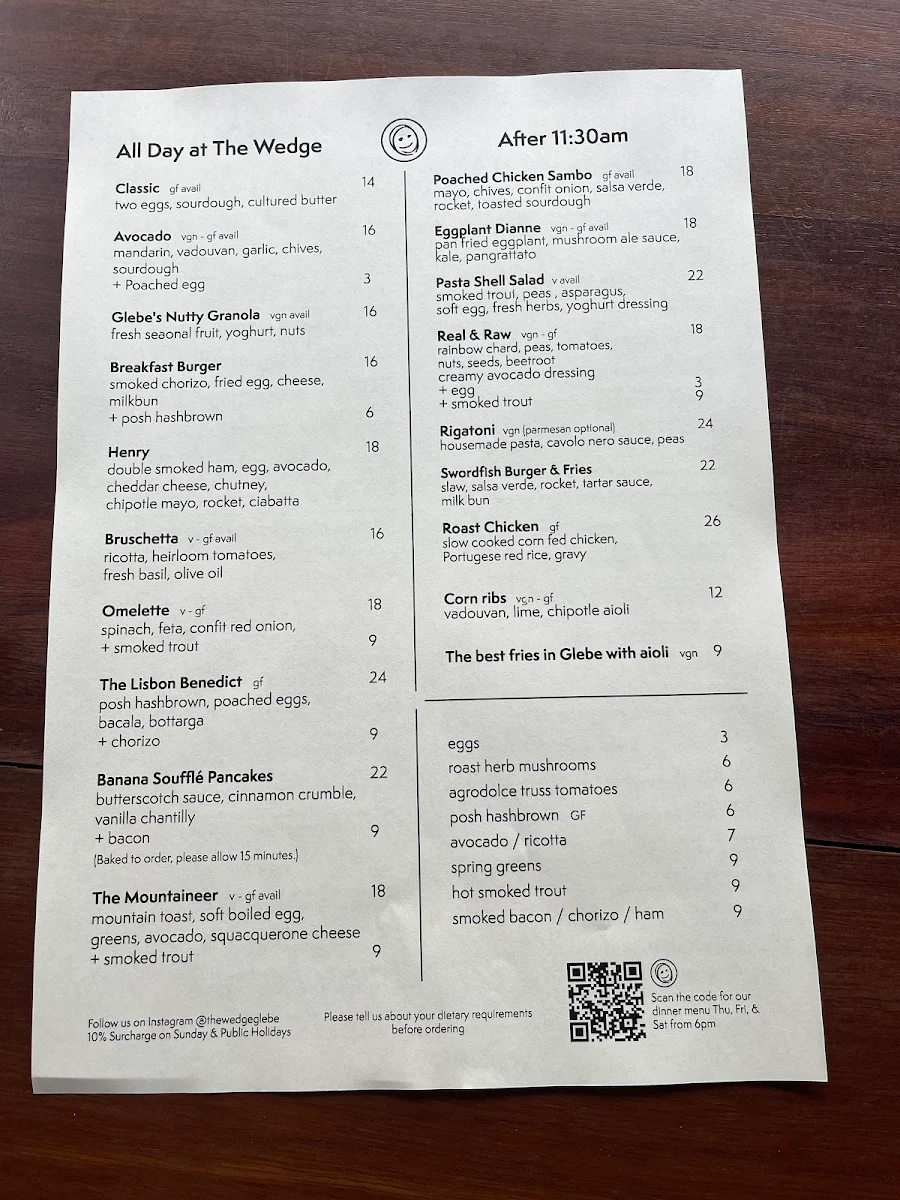 Menu, The Wedge Glebe