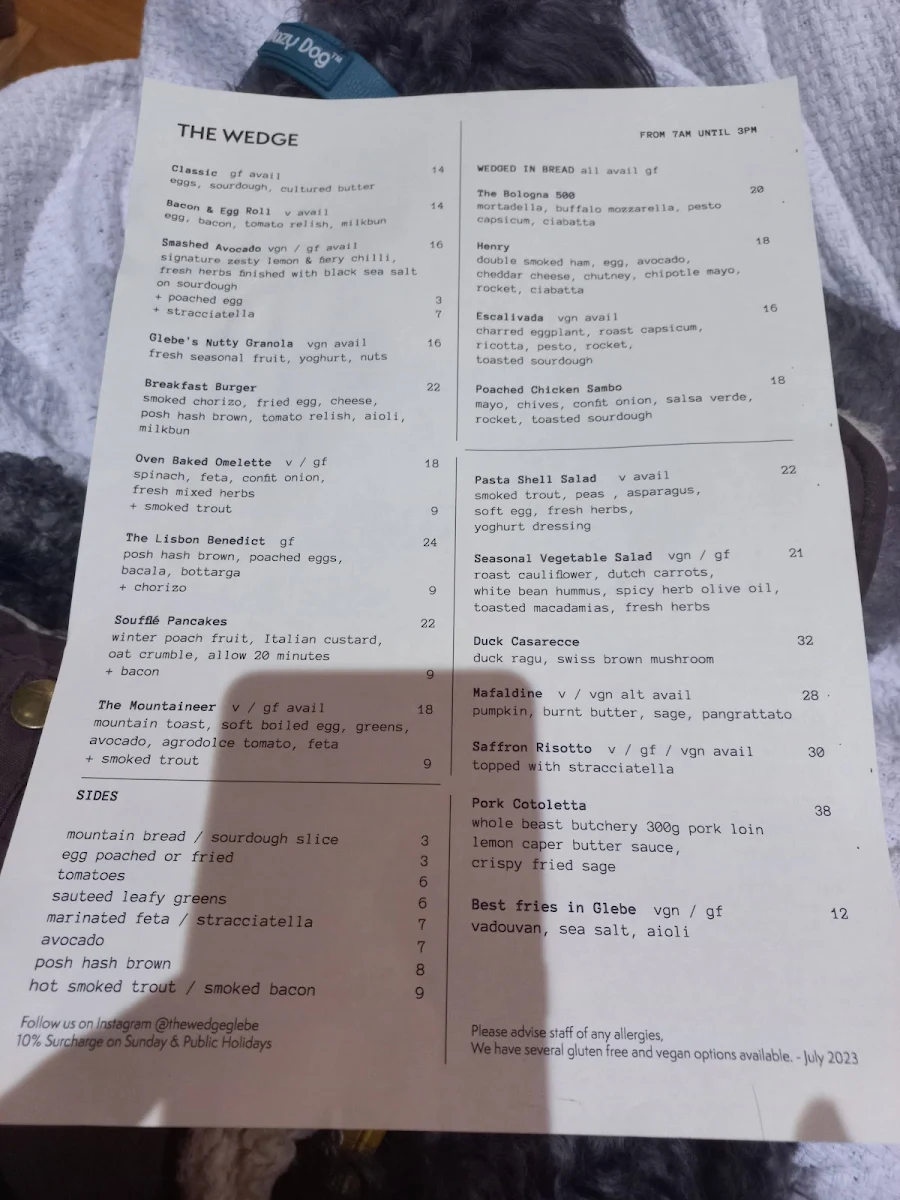 Menu, The Wedge Glebe