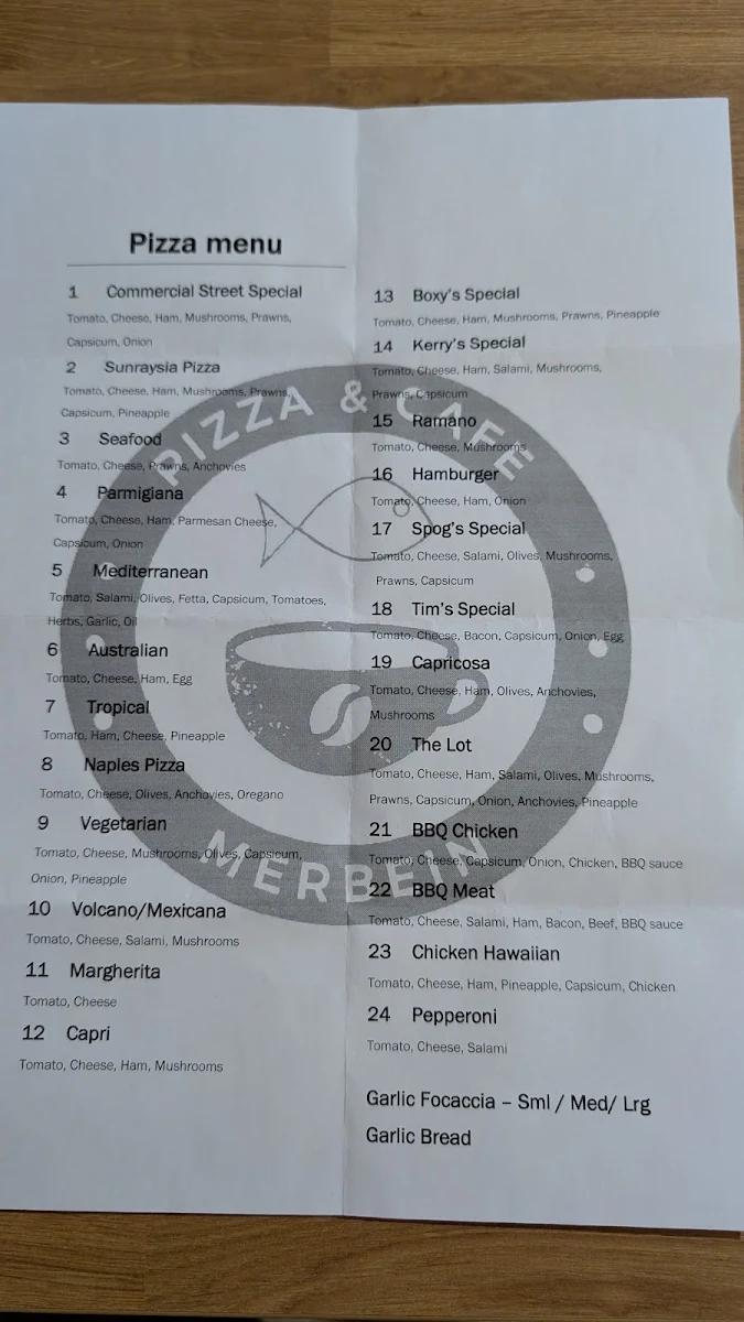 Menu, Merbein Pizza & Cafe