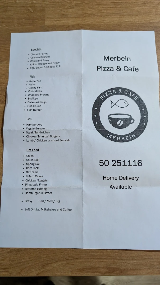 Menu, Merbein Pizza & Cafe