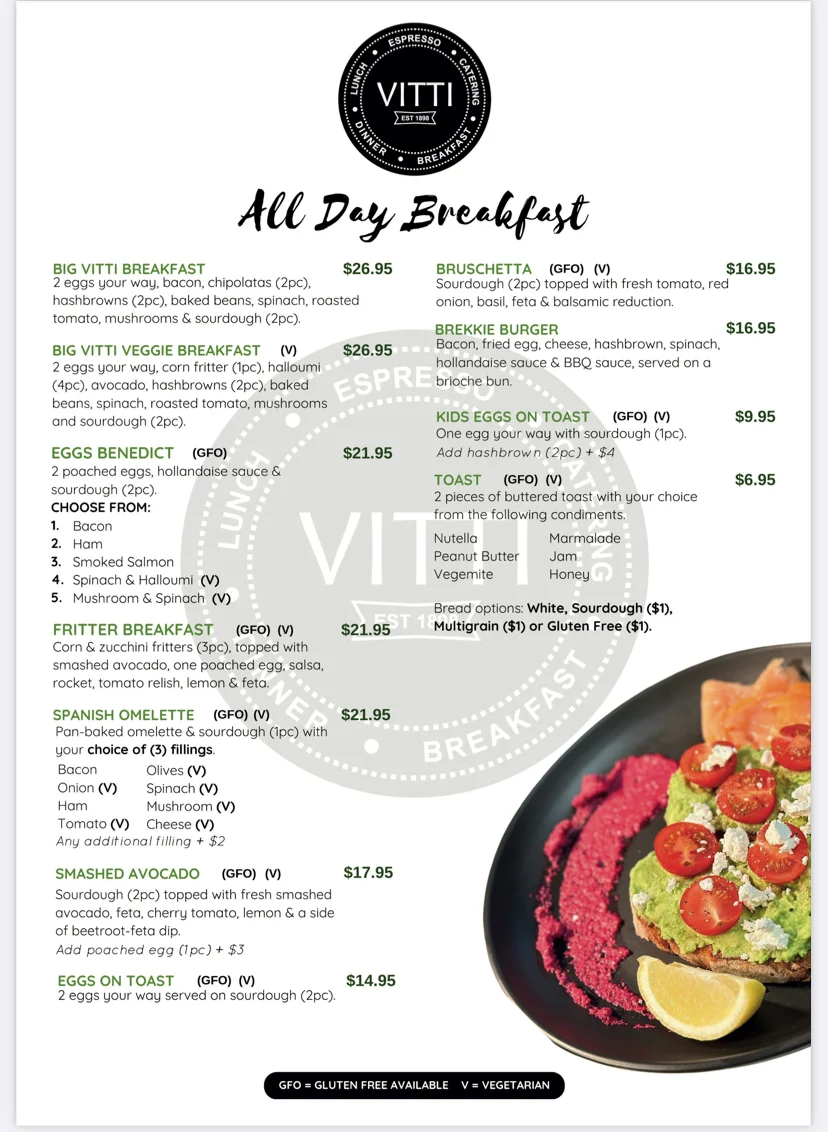 Menu, Vitti Cafe on Gregory