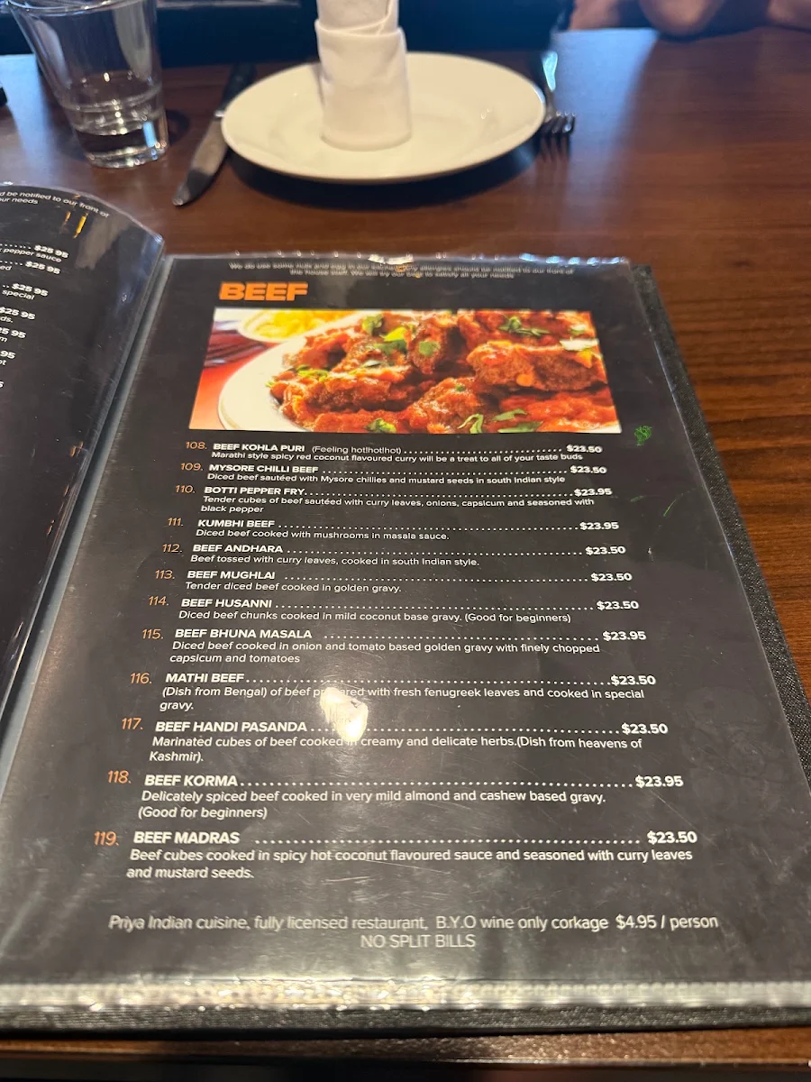 Menu, Priya Indian Cuisine