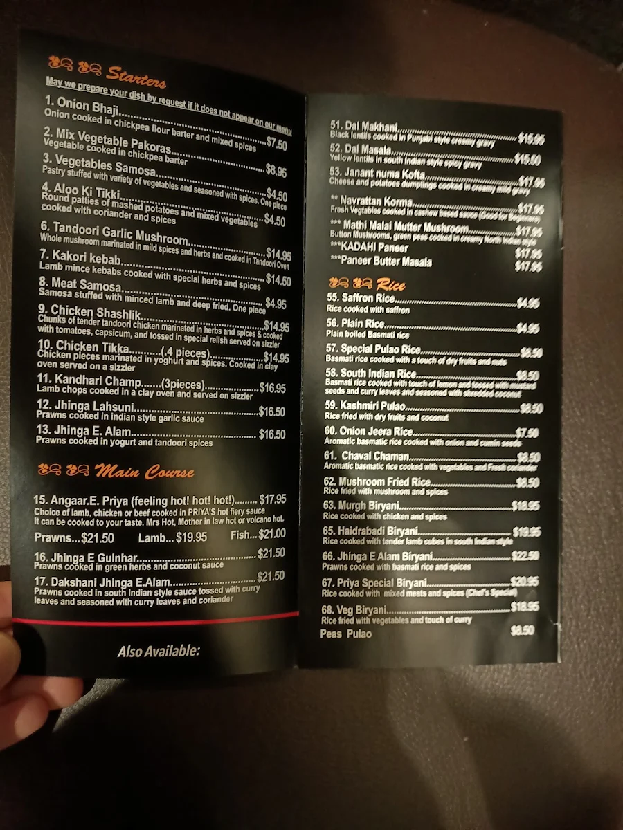 Menu, Priya Indian Cuisine