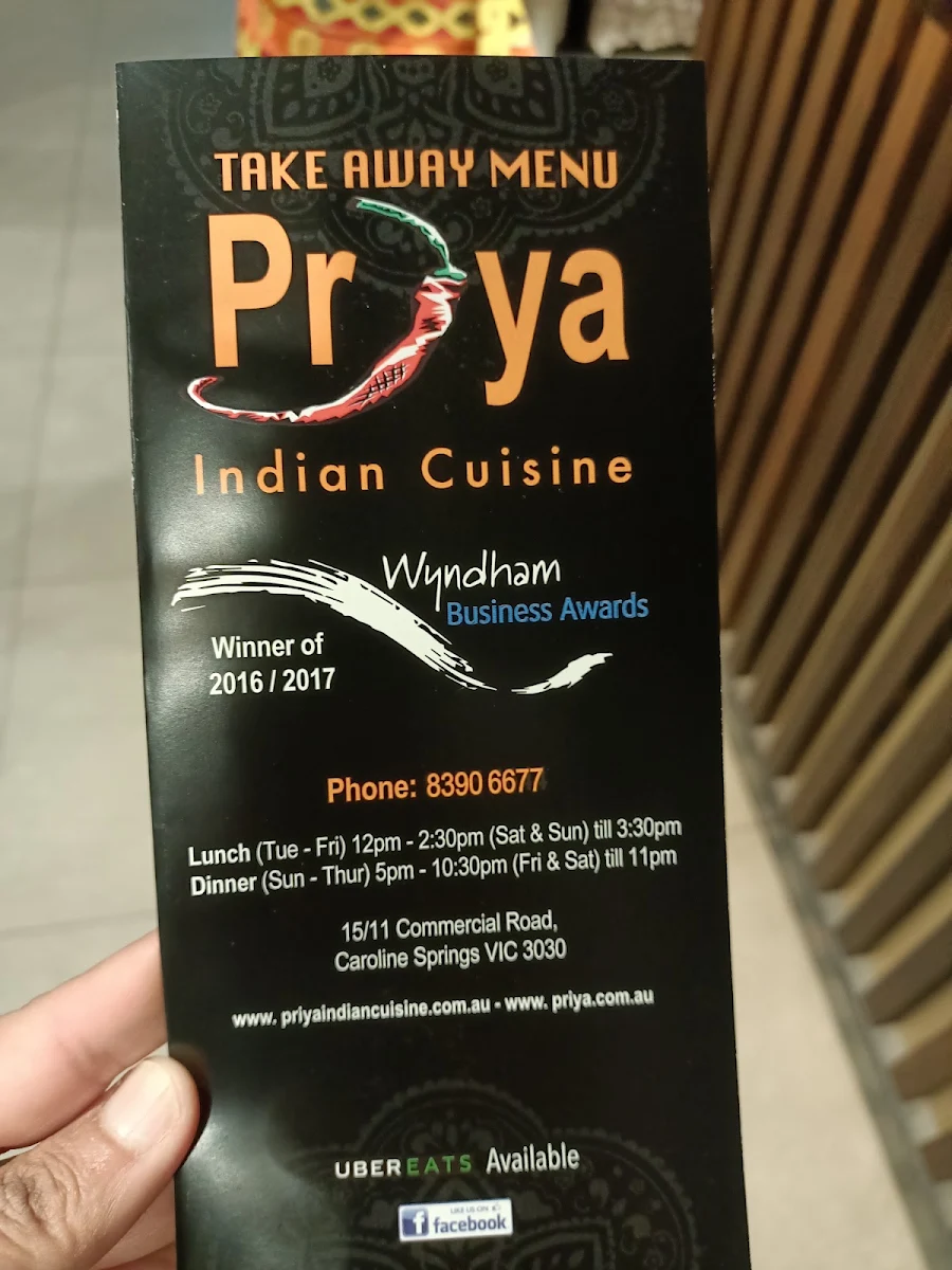 Menu, Priya Indian Cuisine