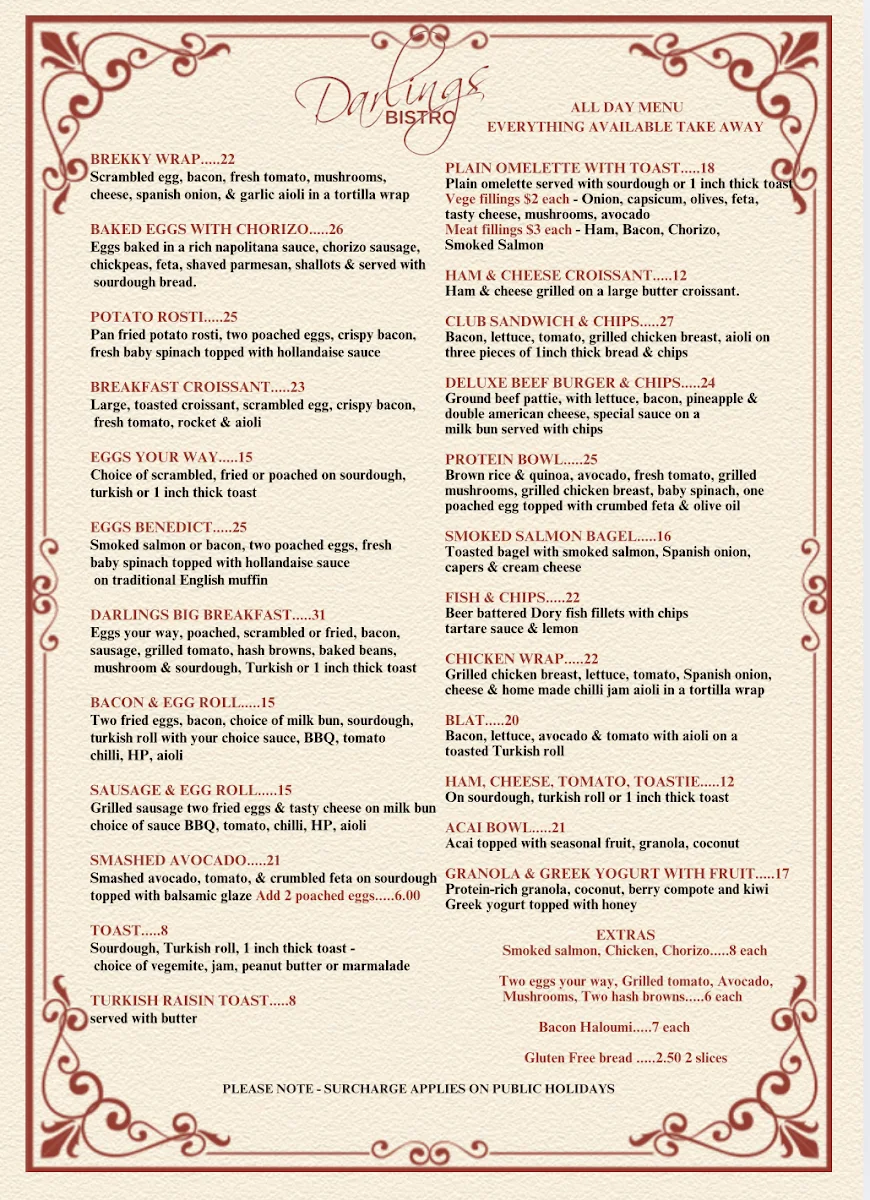 Menu, Darlings Bistro