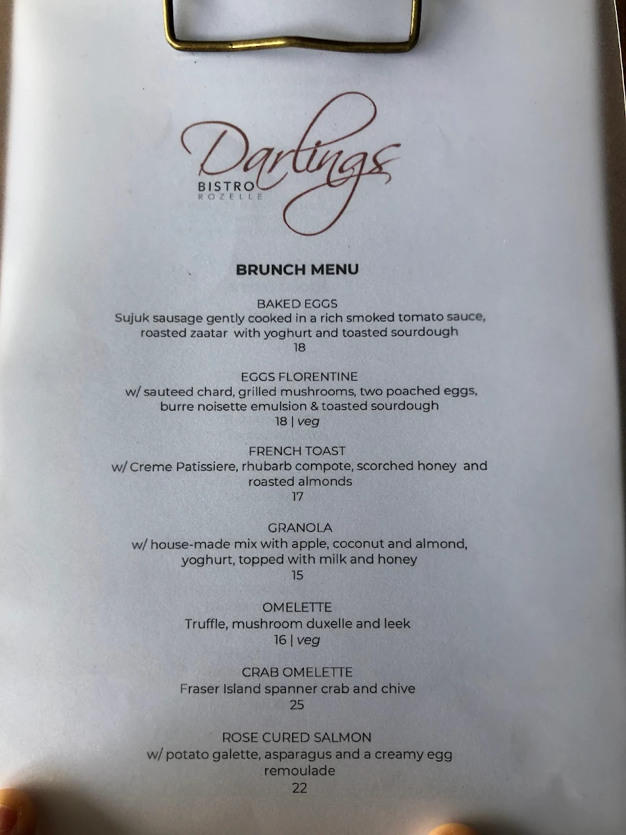 Menu, Darlings Bistro