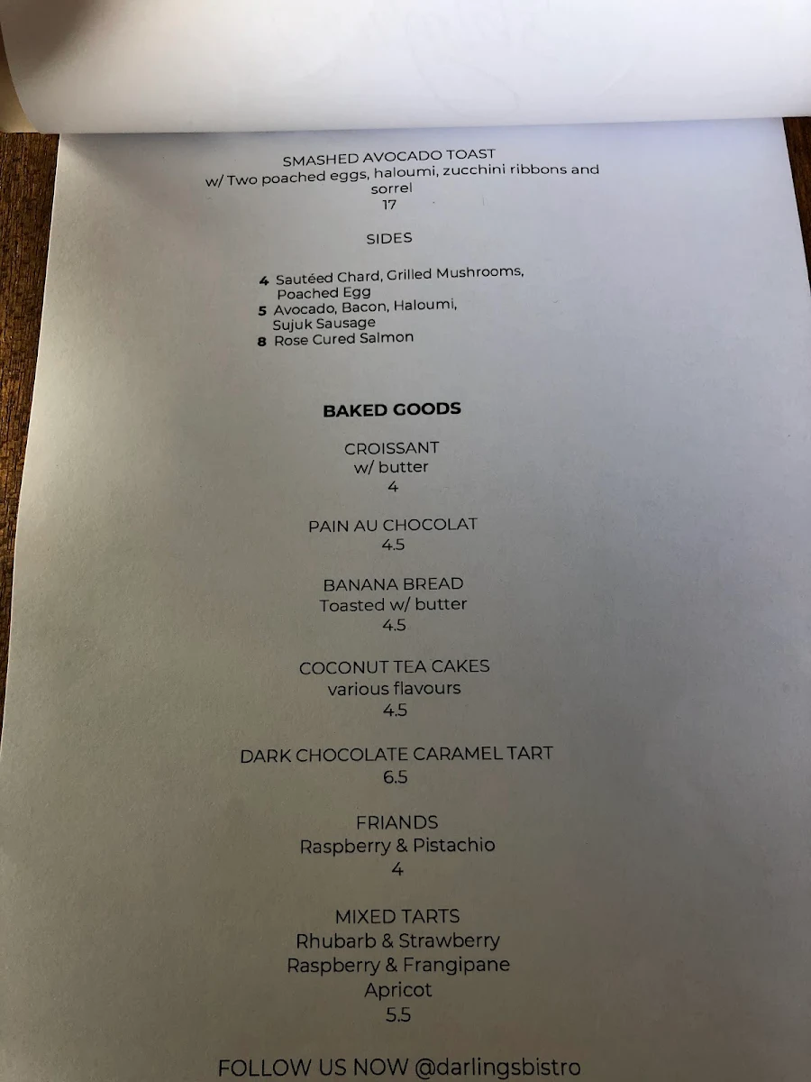 Menu, Darlings Bistro