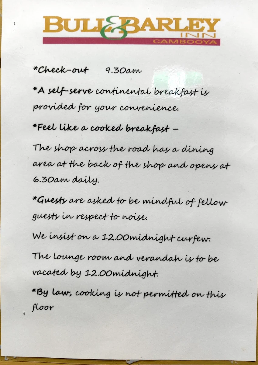 Menu, Bull & Barley Inn