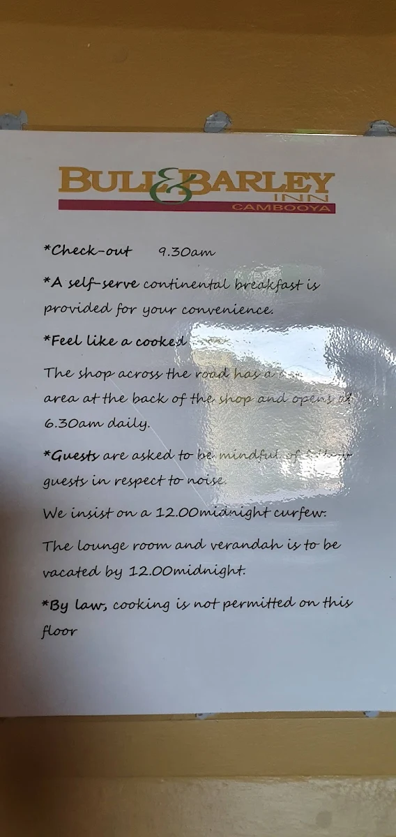 Menu, Bull & Barley Inn