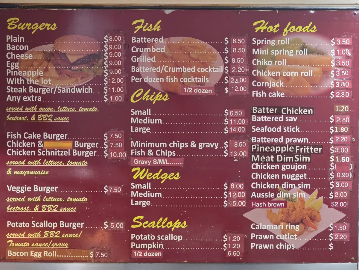 Menu, East Blaxland Takeaway