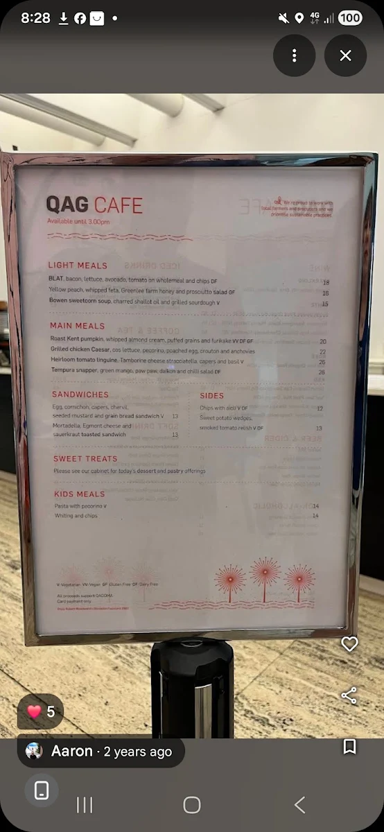 Menu, QAG Cafe