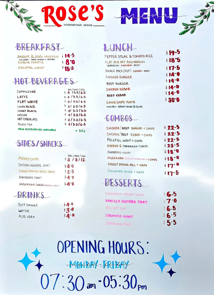 Menu, Rose's International Cuisine