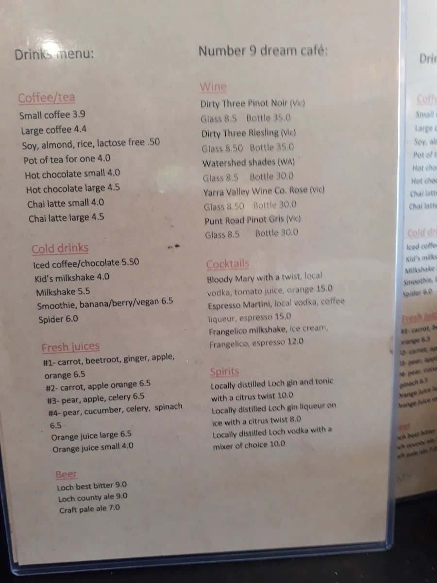 Menu, Number 9 Dream